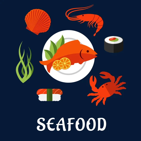 Seafood icons with fish, sushi, crab and shrimp — Διανυσματικό Αρχείο