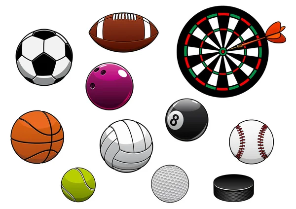 Dartboard, hockey puck and sports balls — Stock Vector