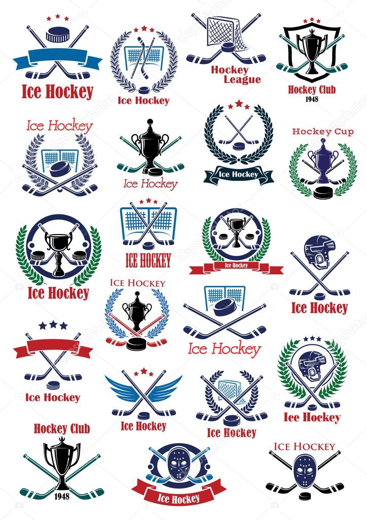 Ice hockey game icons and emblems with hockey sticks, pucks, goalie masks, helmets, trophy cups, gates. Supplemented by wings, stars, wreaths, shield and ribbon banners