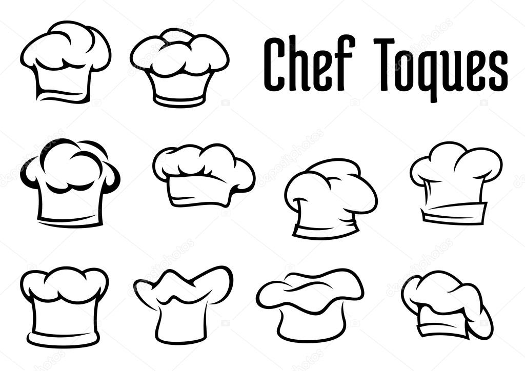 Chef or baker white toques, caps and hats in outline style isolated on white background, for cafe menu or restaurant concept design
