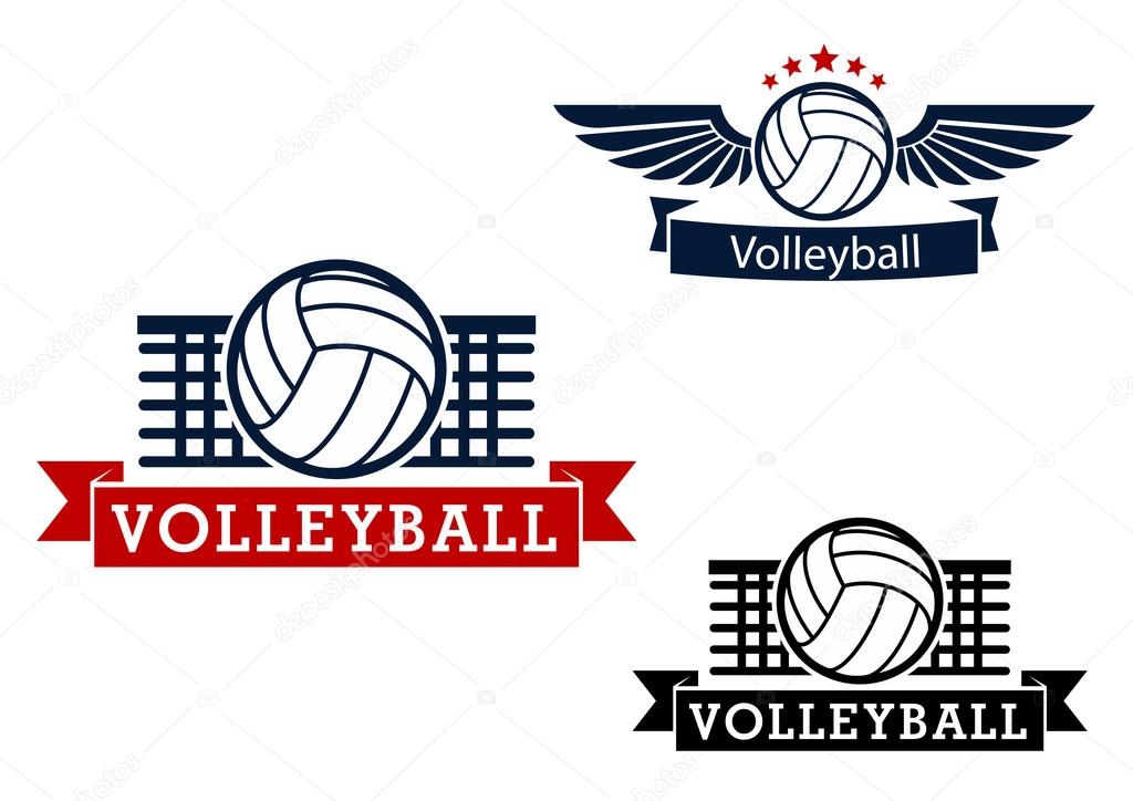 Volleyball sporting icons with volleyball ball and net on the background, winged ball with stars and ribbon banners