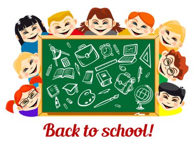 Children behind chalkboard with school supplies