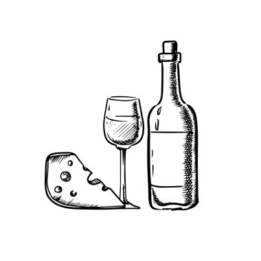 Wine bottle with glass and cheese  clipart