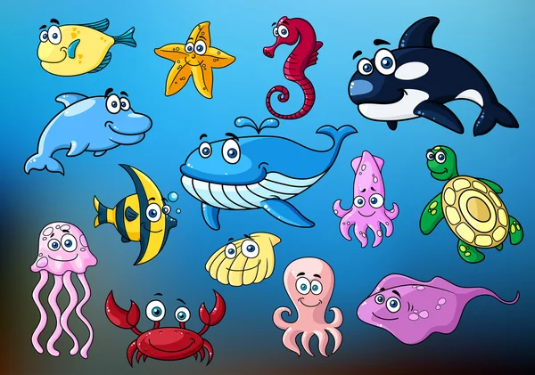 Dibujos animados divertidos animales marinos personajes — Vector de stock