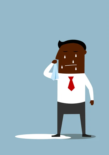 Depressed cartoon black businessman crying — Stock vektor