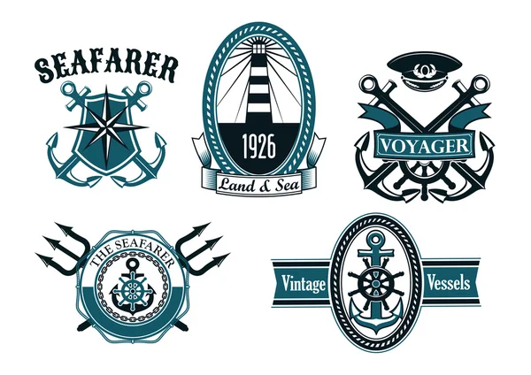 Nautical seafarer, voyager and anchors symbols — 스톡 벡터