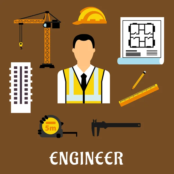 Ingeniero y construcción de iconos planos — Vector de stock