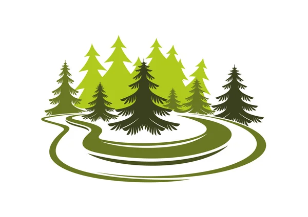 Clairière forestière avec épicéas sur prairie herbeuse verte — Image vectorielle