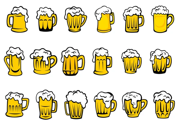 Tazas de cerveza y tanques con espuma — Vector de stock