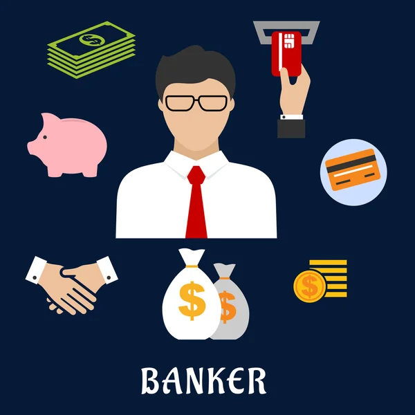 Banquero e iconos financieros planos — Vector de stock