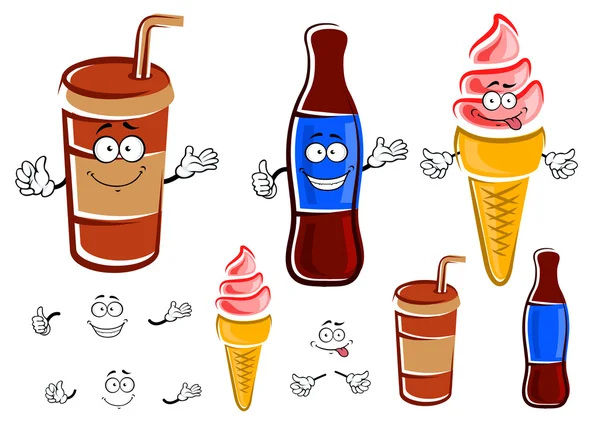 Cartoon bottiglia di soda, tazza e gelato — Vettoriale Stock