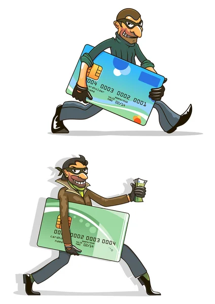Ladrones de dibujos animados con tarjetas de crédito robadas y dinero — Vector de stock