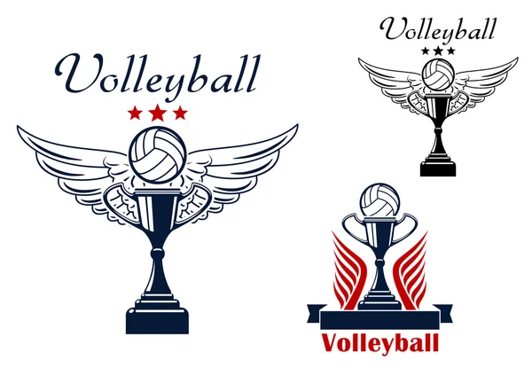 Volleyboll-ikonen med trophy och bevingade boll — Stock vektor