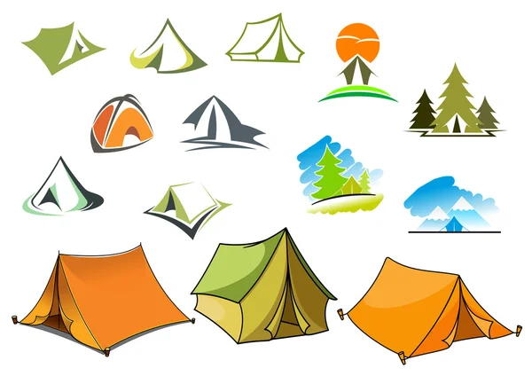 Símbolos de camping con tiendas y naturaleza — Vector de stock