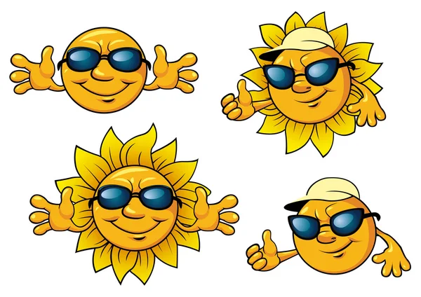 Happy sun characters in sunglasses — Stock Vector