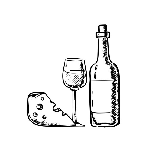 Botella de vino con vidrio y queso — Archivo Imágenes Vectoriales