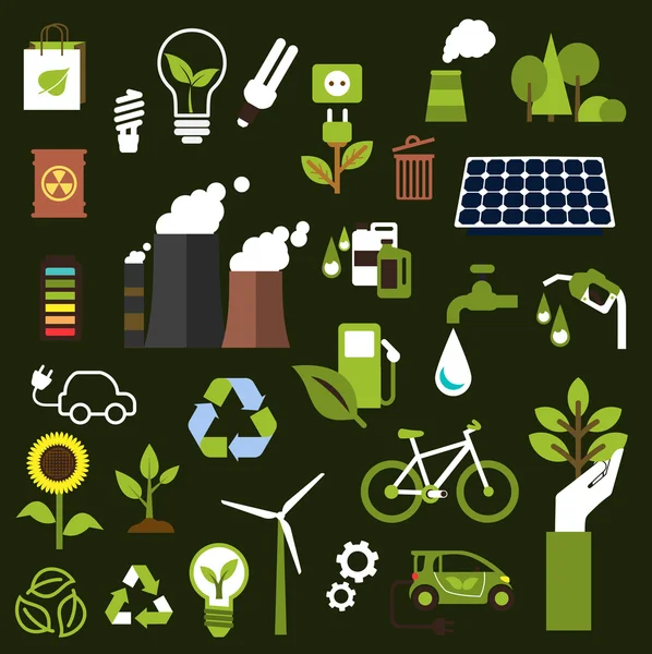 Simbol Ekologi Dengan Ikon Polusi Industri Yang Datar Transportasi Penghematan Grafik Vektor