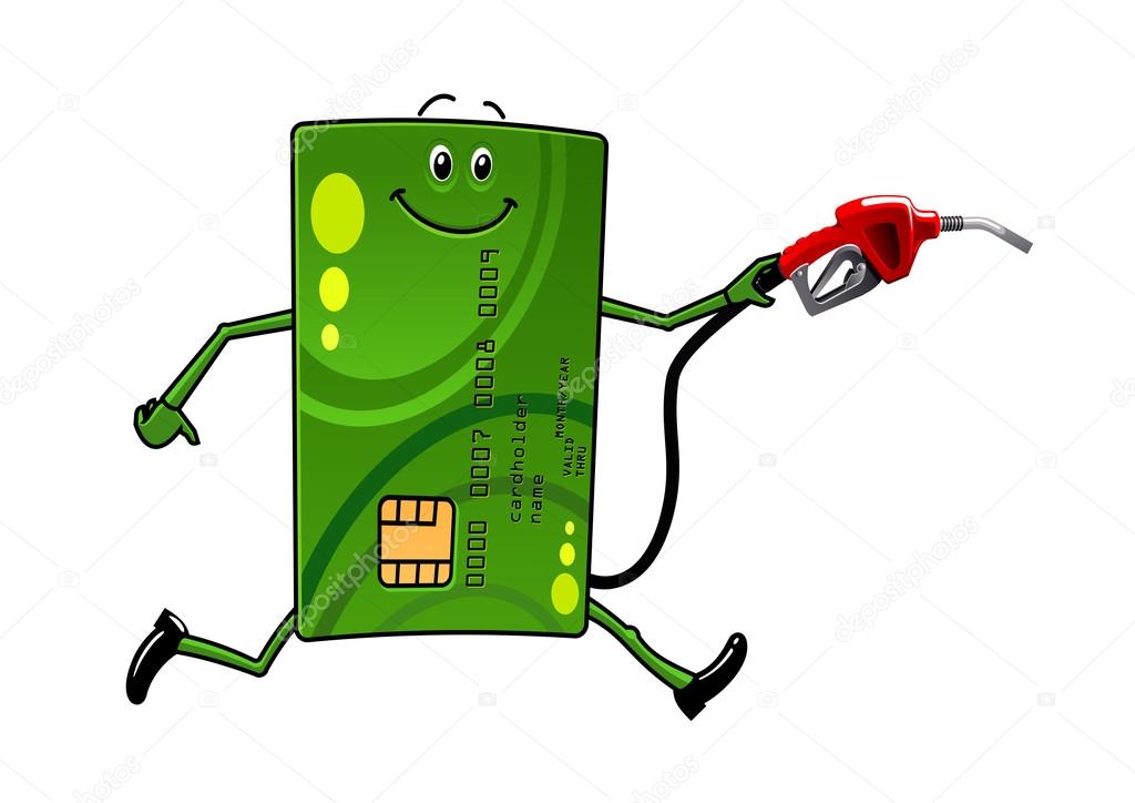 Credit card character with gasoline pump