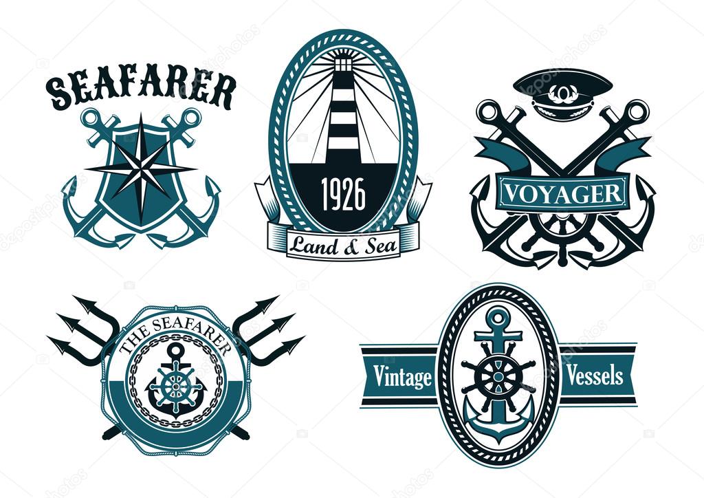 Nautical seafarer, voyager and vintage vessels emblems with anchors, helms, lighthouse, captain cap, compass and tridents framed by shield, ropes, chains with ribbon banners