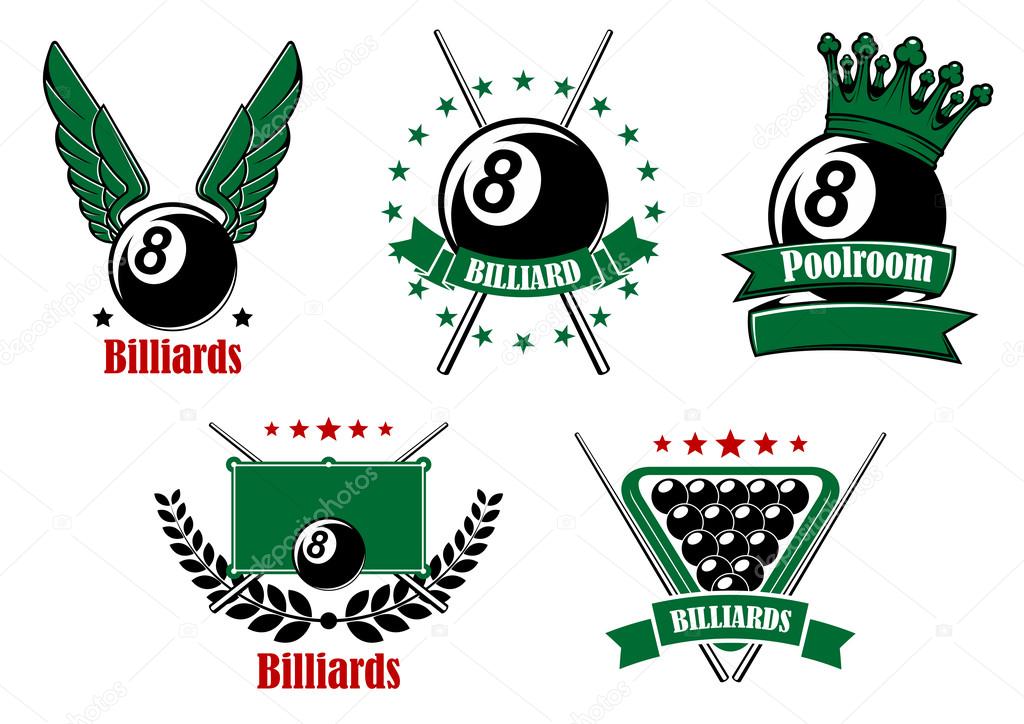 Billiards and pool emblems with black balls, wings and crown, crossed cues, table and triangle rack adorned by stars, wreath and ribbon banners