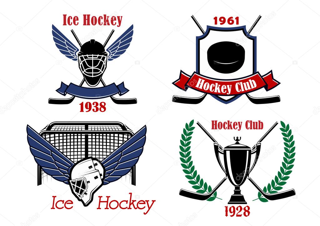 Ice hockey championship badges and icons with crossed sticks, puck, trophy and winged goalie masks framed by gate, wreath and heraldic shield with ribbon banners