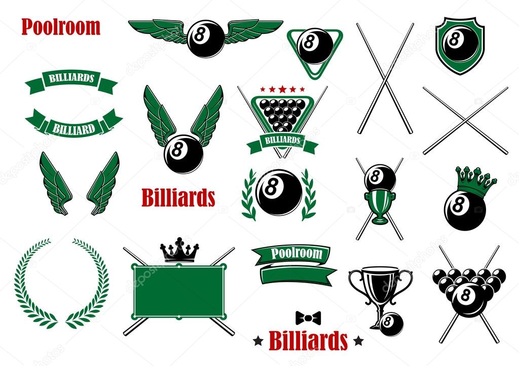 Billiards, pool and snooker game items with balls, cues, triangle, table, trophies, shield crowns, wings, wreath, ribbon banners and headers