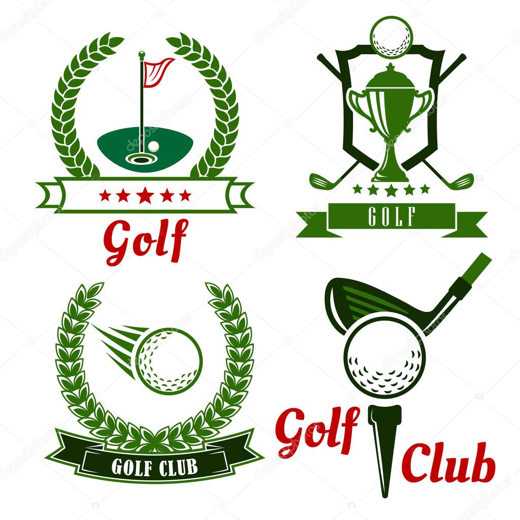 Golf club icons, emblems and symbols with flying ball, clubs, trophy cup and golf balls on field with flagstick and on starting position with tee.  Framed by wreaths, shield, stars and ribbon banners