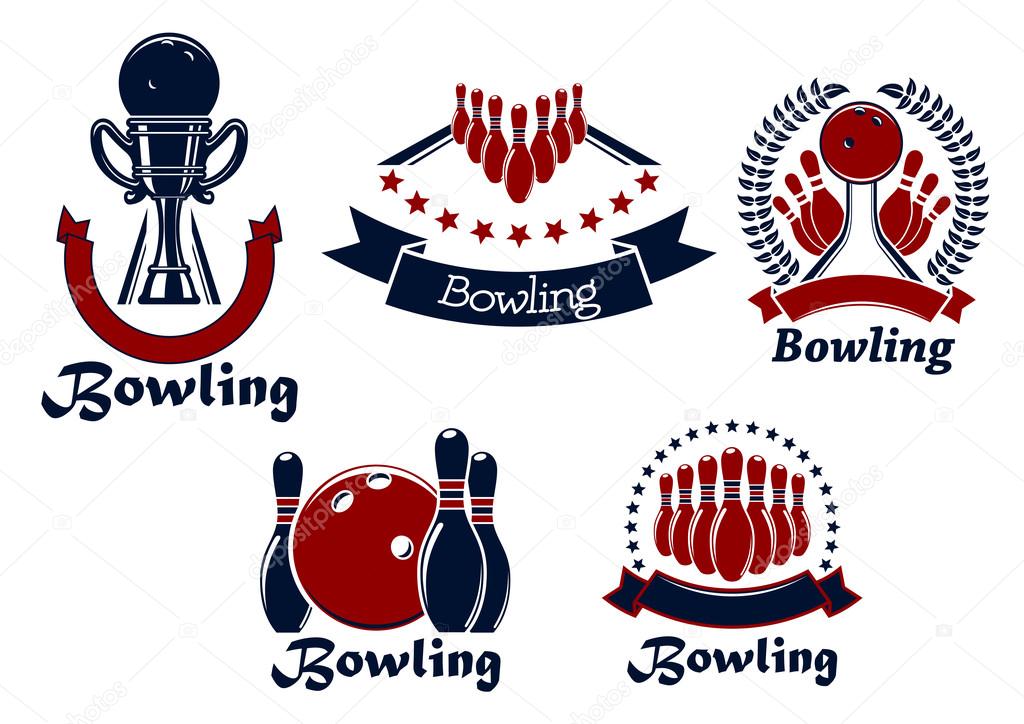 Bowling game icons with balls, ninepins and trophy cup on lanes adorned by stars, wreath and ribbon banners
