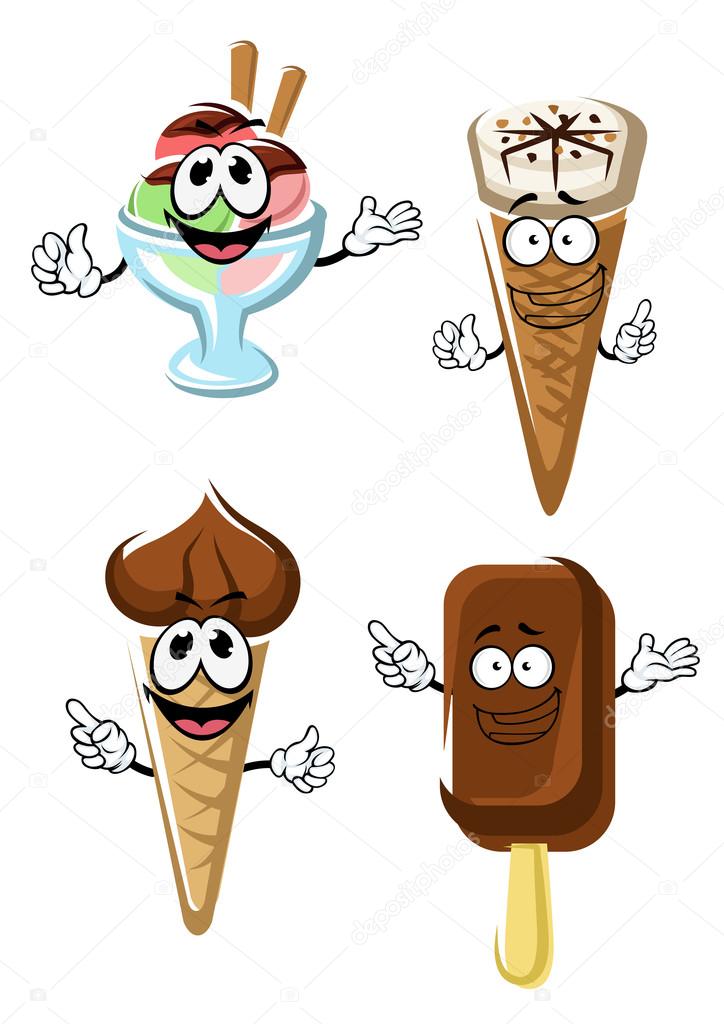 Ice cream cones, stick and sundae
