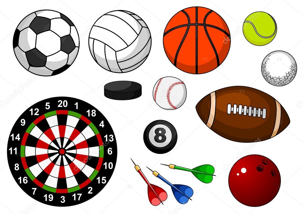 Sport items with balls, puck and darts