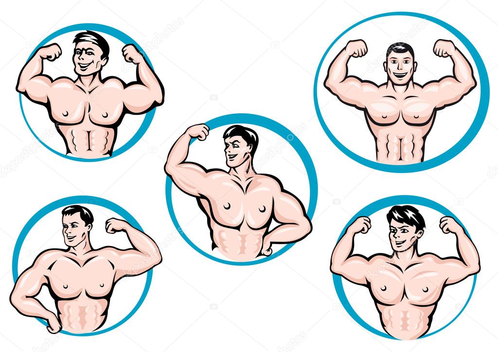 Cartoon bodybuilders in different poses show a muscles. Framed by round blue fcircles, for fitness or gym sport design