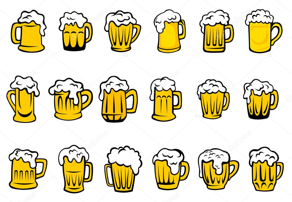 Glass or ceramic mugs and tankards filled of golden light beer with overflowing froth heads isolated on white background, for brewery emblem or beer party design