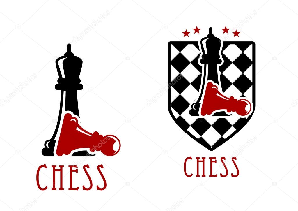 Chess tournament icon design with black queens over fallen red pawns with chessboard adorned by stars
