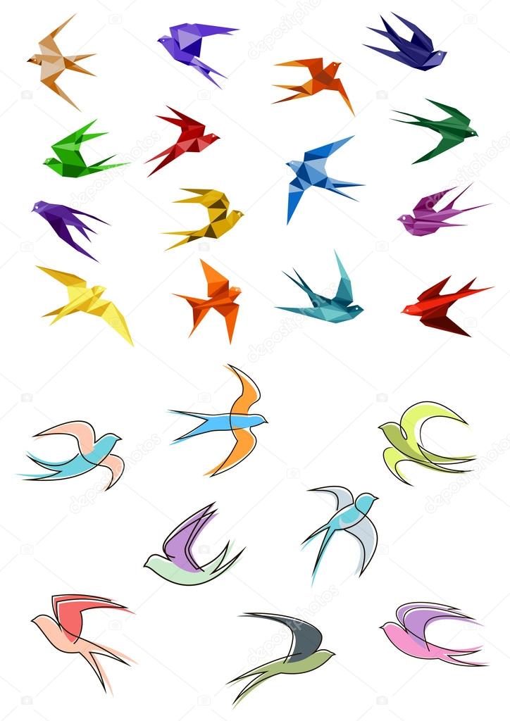 Colorful flying swallows birds in paper origami and outline sketch style isolated on white background for business logo or emblems design