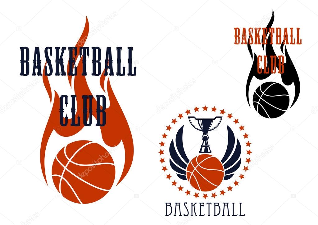 Basketball club icons with trophy cup standing on winged basketball ball encircled by stars, and flaming ball with fire in tribal style