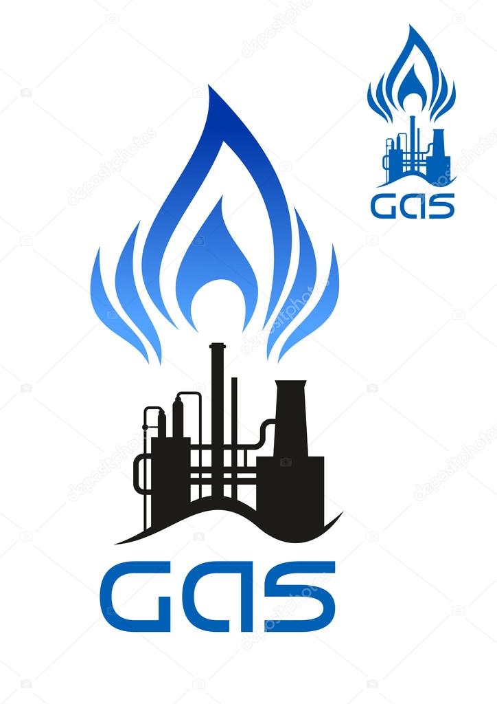 Oil and natural gas industrial factory icon with long pipes and blue flame of gas