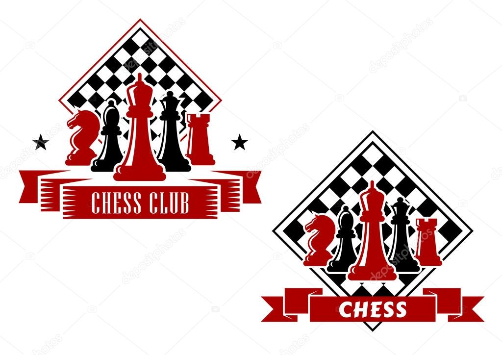 Chess emblems in black and red colors with king, queen, bishop, knight and rook pieces with turned chess board on the background, decorated with ribbon banners and stars