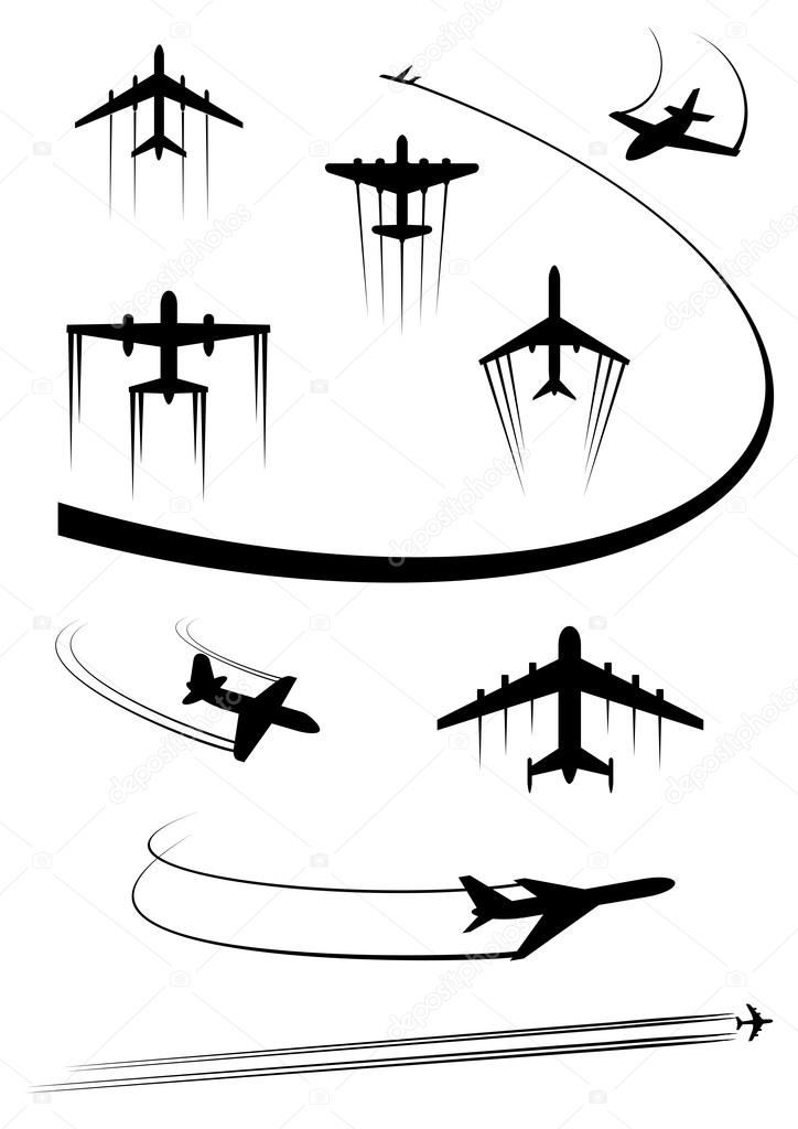 Airplanes black icons with flying airliners and cargo planes with traces, isolated on white background. For transportation or travel design
