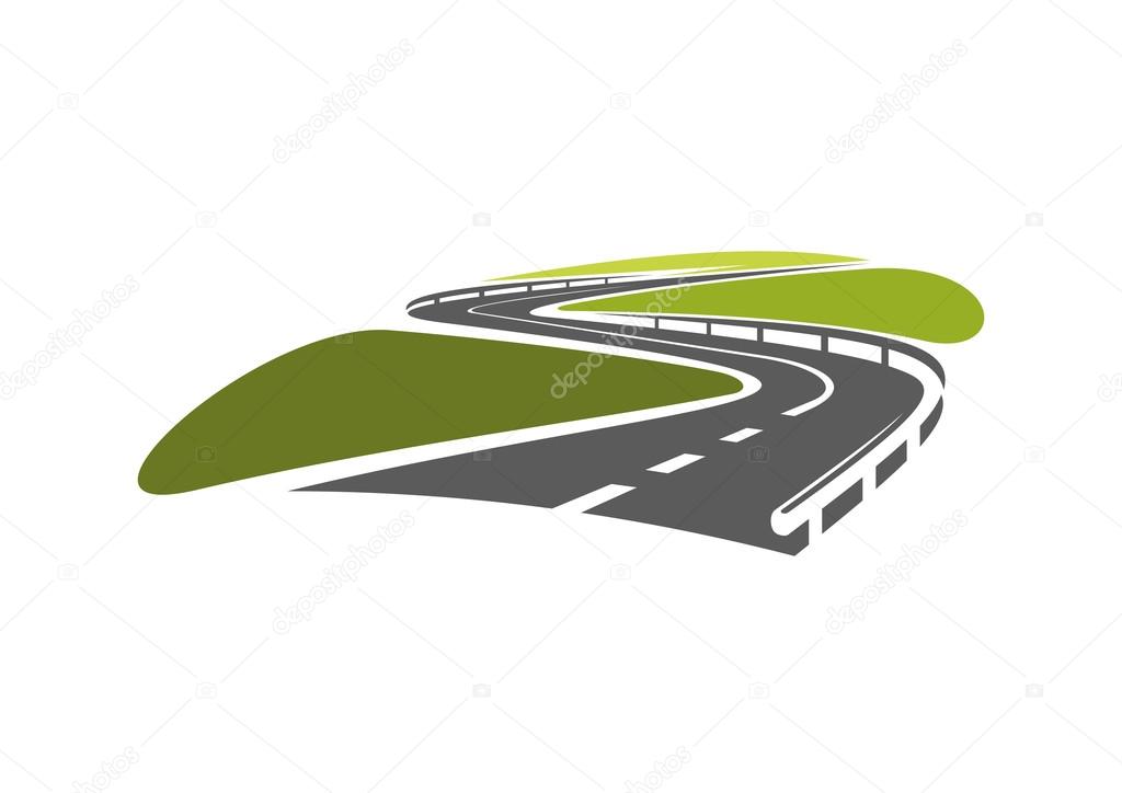 Highway road symbol with hairpin bends and metallic guardrails, for travel or transportation design