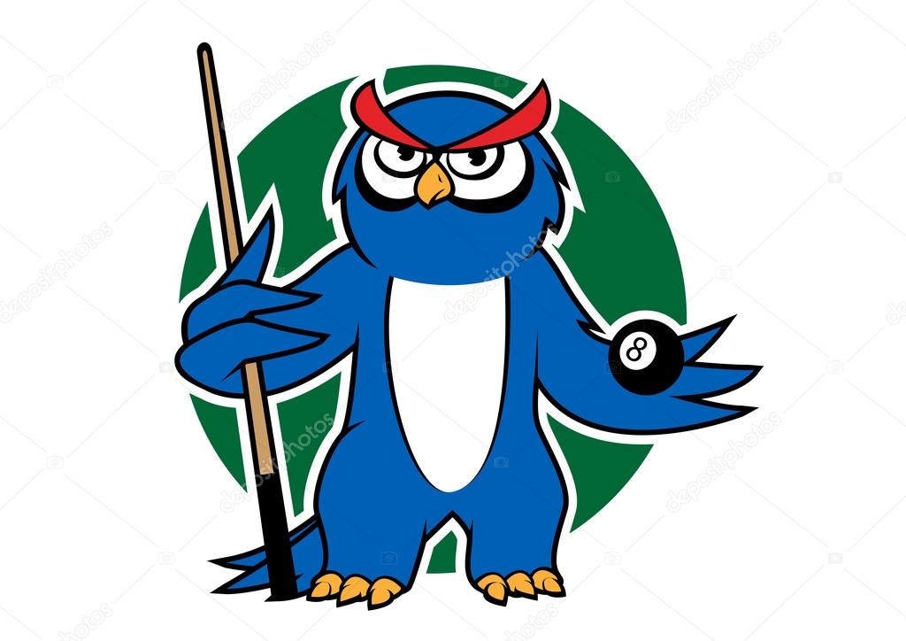 Blue owl with pool cue and ball