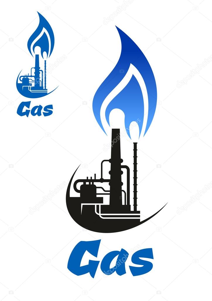 Natural gas processing icon with  silhouette of industrial factory, flue gas stack chimney and flare stack with blue flame