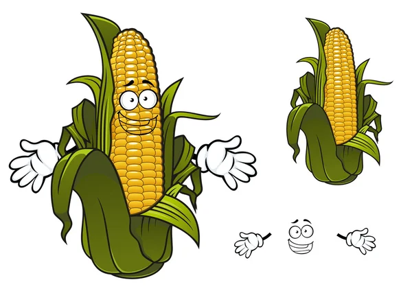 Sweet Corn Maize Vegetable Cartoon Character Rows Yellow Kernels Papery — Stock Vector
