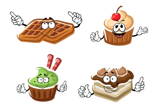 Cupcakes de desenhos animados, bolo e waffle belga — Vetor de Stock