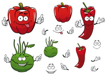 Cartoon kohlrabi, chili and red pepper vegetables 
