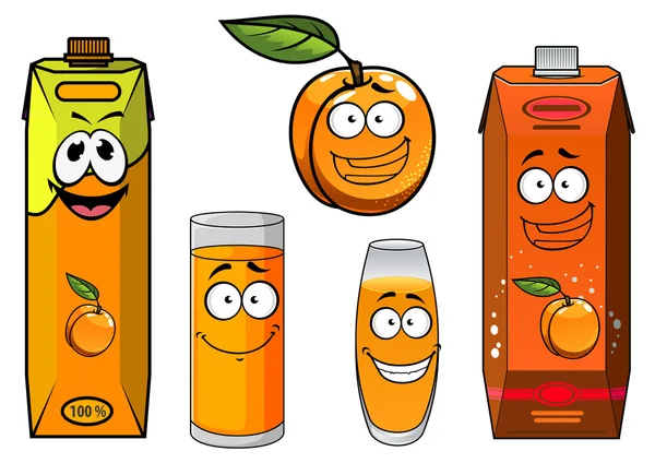 Cartoon apricot fruit, juice and glasses — 스톡 벡터