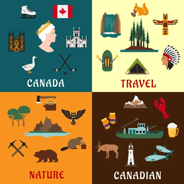 Viagem canadense e ícones de natureza plana — Vetor de Stock