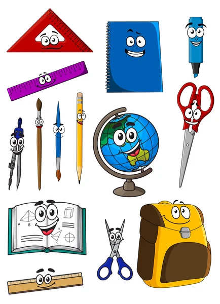 Mutlu karakter karikatür okul malzemeleri — Stok Vektör