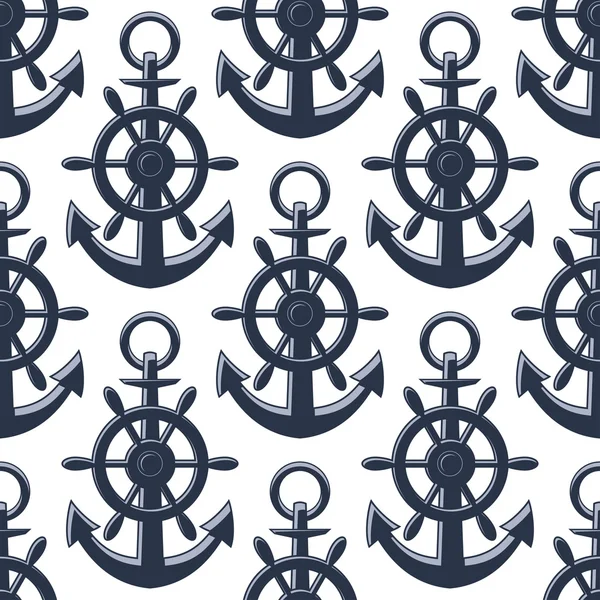 Nautical anchors and helms seamless pattern — Stock Vector