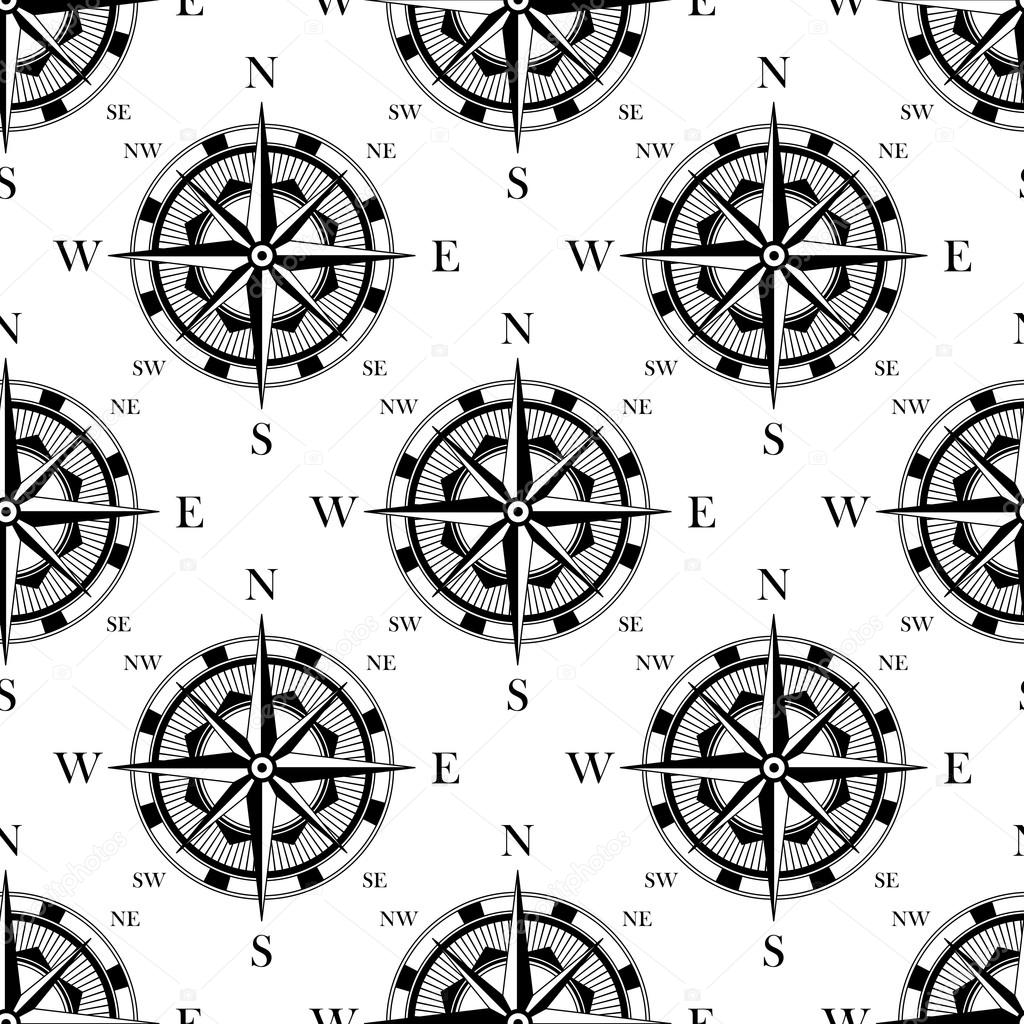 Nautical compass black and white seamless pattern