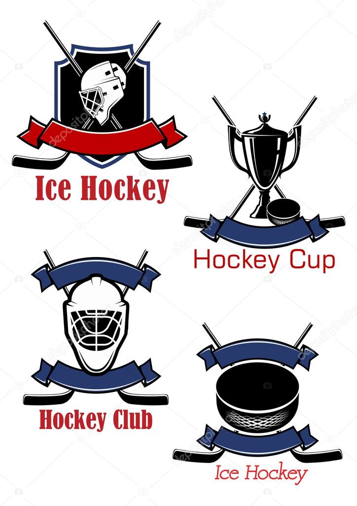 Ice hockey game icons and symbols with crossed sticks, pucks, goalie masks, trophy cup framed by heraldic shield and ribbon banners
